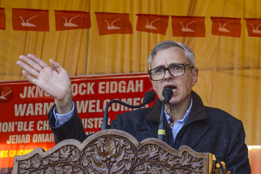 Omar Abdullah addresses a rally in Srinagar on Friday.