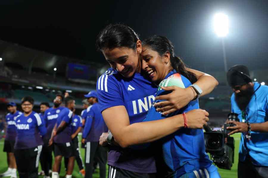 Smriti Mandhana congratulates match-winner Jemimah Rodrigues on Thursday.