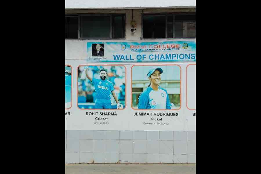 Jemimah Rodrigues finds pride of place on a festoon at Rizvi College alongside another illustrious alumnus — Rohit Sharma.