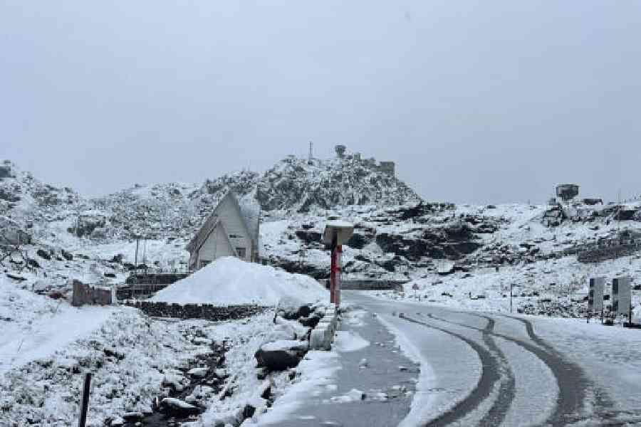 Snow blankets Nathula, Sikkim, on Friday. Fresh tyre marks can be seen on a snow-covered road