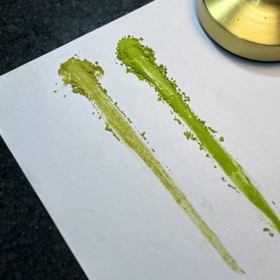 Good matcha is bright green while bad match is dull