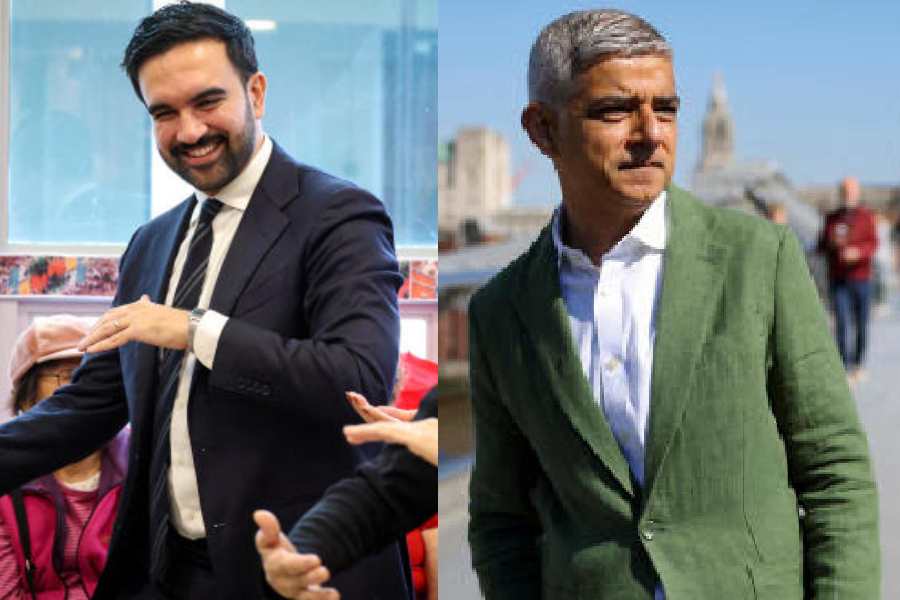 Zohran Mamdani performs Tai Chi while campaigning in Manhattan on Friday, and (right) Sadiq Khan on the Millennium Bridge in London on May 7, 2024.