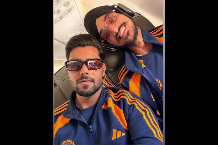 Harshit Rana (left) and Arshdeep Singh, in a picture posted on Instagram, on the flight to Hobart from Melbourne on Saturday morning 