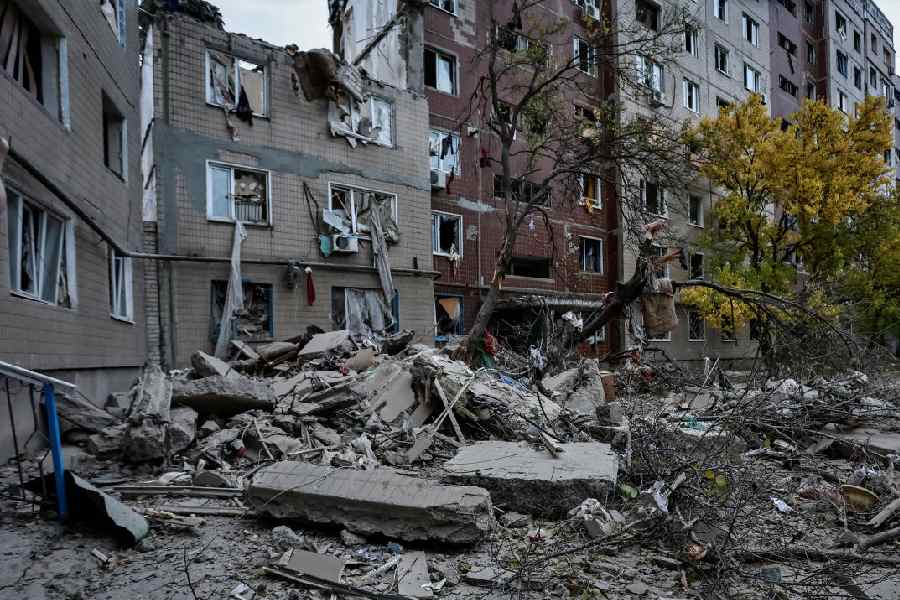 Apartment buildings damaged by a Russian military strike, amid Russia's attack on Ukraine, in the frontline town of Kostiantynivka