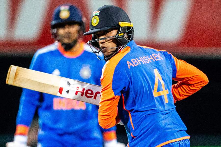 India's Abishek Sharma bats during the T20 cricket international between India and Australia in Hobart, Sunday, Nov. 2, 2025.