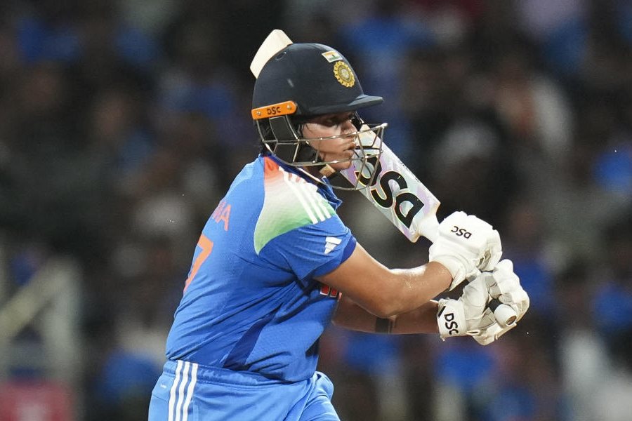 India's Shafali Verma plays a shot during the ICC Women's World Cup final ODI cricket match between India Women and South Africa Women, at the DY Patil Stadium, in Navi Mumbai, Sunday, Nov. 2, 2025.