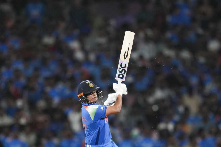 India's Shafali Verma plays a shot during the ICC Women's World Cup final ODI cricket match between India Women and South Africa Women, at the DY Patil Stadium, in Navi Mumbai, Sunday, Nov. 2, 2025