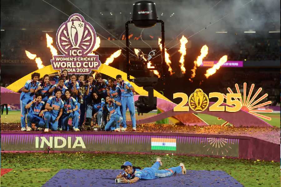 India's Harmanpreet Kaur celebrates after winning the ICC Women's World Cup