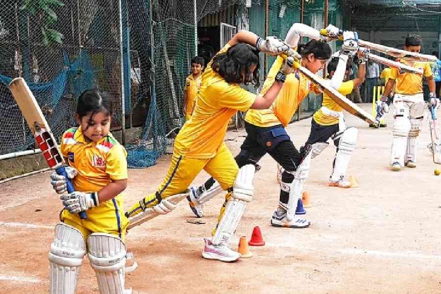 Young players at net practice at Pal and Chatterjee Cricket Academy, Vivekananda Park, on Monday afternoon