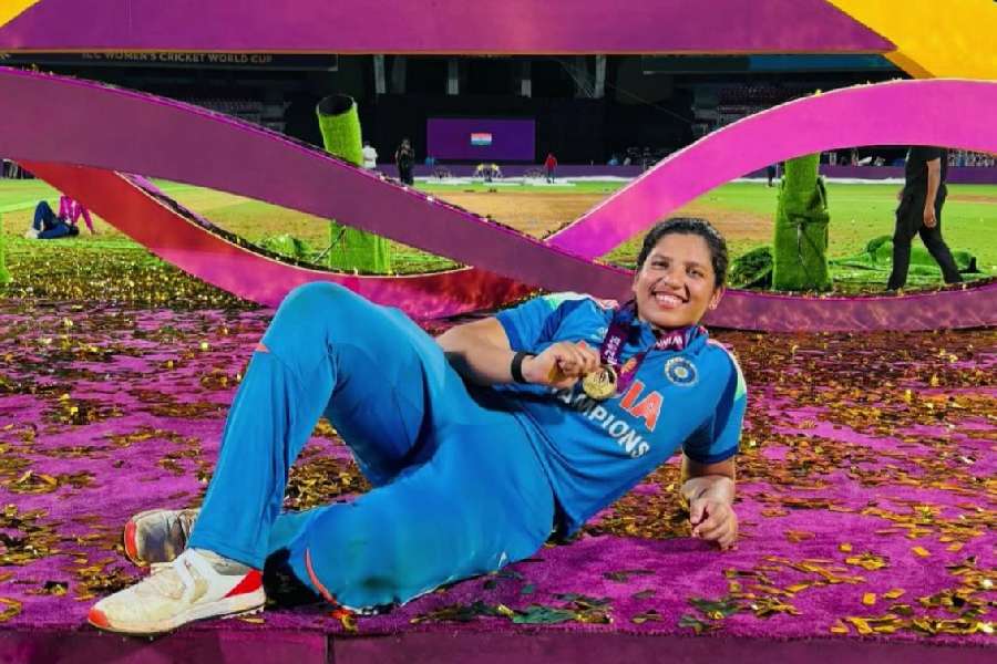 Siliguri girl Richa Ghosh at the DY Patil Stadium after Sunday’s triumph, in a picture shared on X