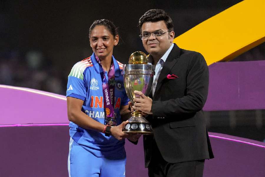India captain Harmanpreet Kaur receives the Women’s World Cup from ICC chairman Jay Shah on Sunday.