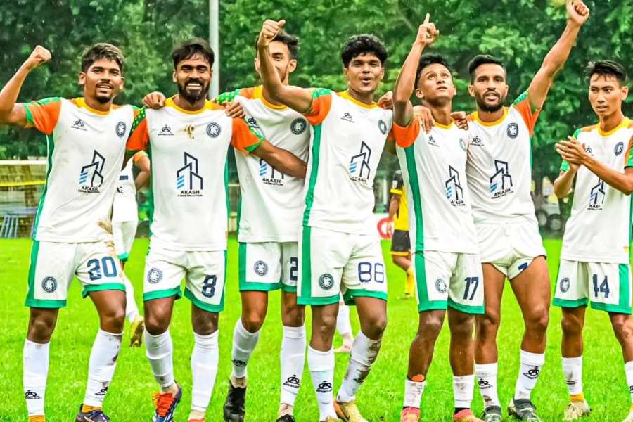 Kidderpore Sporting Club players celebrate their win against Southern Samity during a CFL Premier Division match in August. 