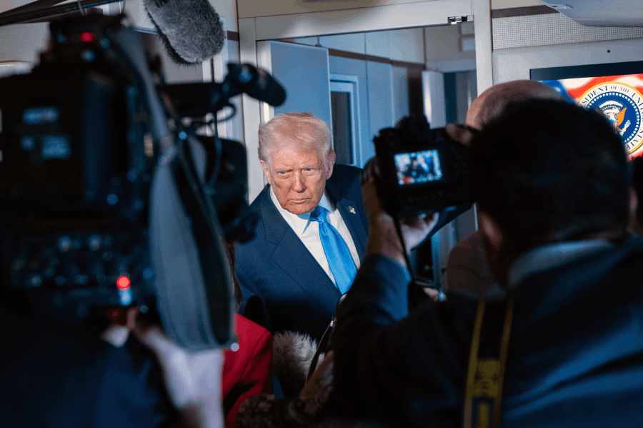 President Donald Trump speaks to the press as he traveled aboard Air Force One to South Korea for an economic summit, on Wednesday, Oct. 29, 2025. The Trump administration says it has plenty of other options to impose tariffs, if the court rules against the president.