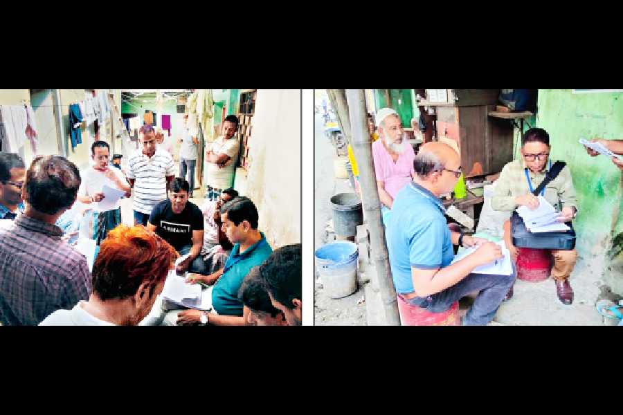 BLOs distribute forms to residents of Park Circus and (right) Alimuddin Street on Wednesday