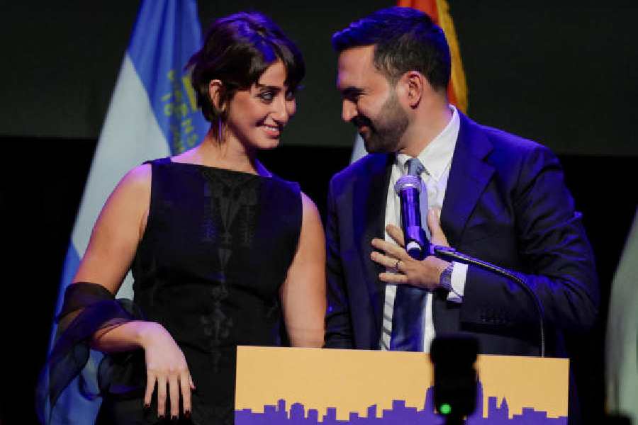 Zohran Mamdani celebrates with his wife Rama Duwaji inNew York City on Tuesday.