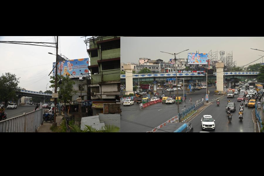The building at the Chingrighata crossing with VIP Sweets on the ground floor. The building is one of the properties whose owners are in negotiations for demolition; (right) vehicles at the crossing on Saturday afternoon.