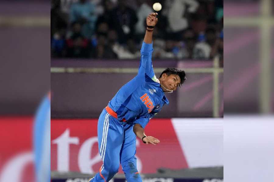 Kranti Goud bowls during the ICC Women's World Cup 2025 ODI cricket match between India and South Africa