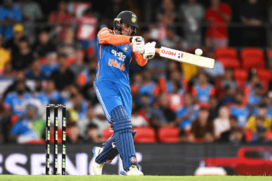 India's Abhishek Sharma bats during a T20 cricket international between India and Australia in Carrara, Australia, Thursday, Nov.6, 2025.