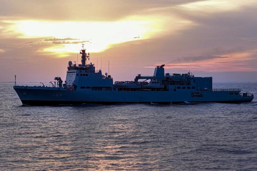 In this image received on Nov. 5, 2025, Indian Navy to enhance its hydrographic survey capabilities with the commissioning of Ikshak, the third vessel of the Survey Vessel (Large) class and the first to be based at the Southern Naval Command.