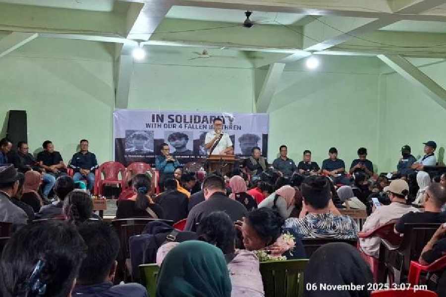 Mourners gather at the funeral of the four United Kuki National Army cadres in Manipur’s Churachandpur on Thursday