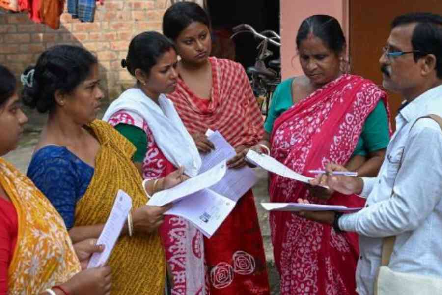 A BLO examines electors’ data before distributing the enumeration forms in Santipur, Nadia. File picture 