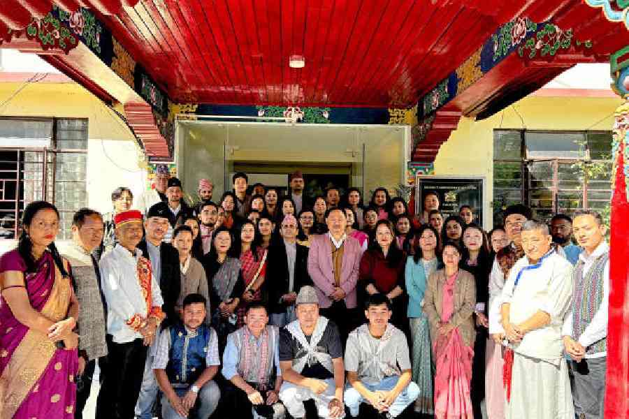 Officers and employees from all departments under the District Administrative Centre pose in their traditional outfits as a part of the state’s ‘traditional wear work day’ in Pakyong, Sikkim, on Thursday. Pictures courtesy: Government of Sikkim