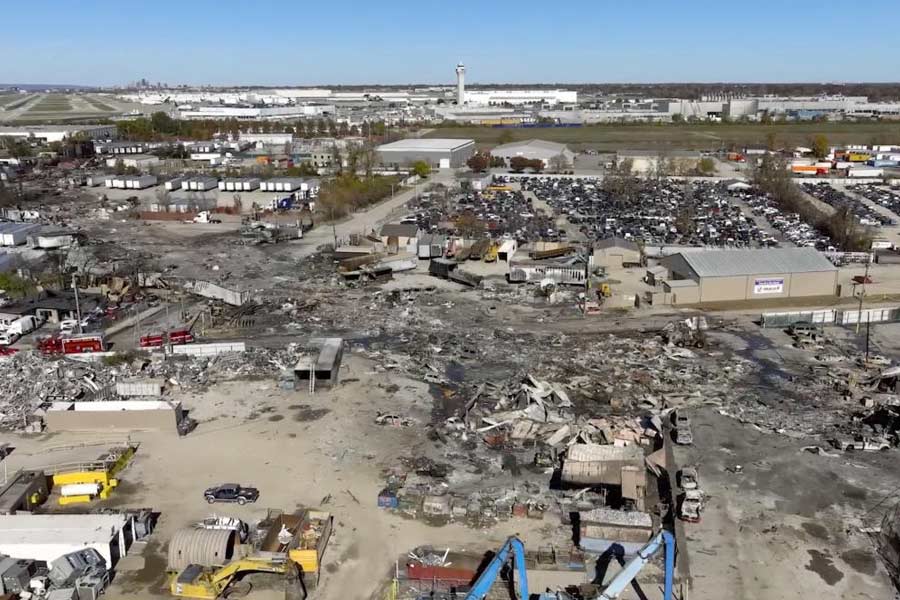 A drone view of the crash site next to a runway at the Muhammad Ali International Airport following the crash of a UPS cargo plane in Louisville, Kentucky, U.S., in this screengrab from a video released November 7, 2025.