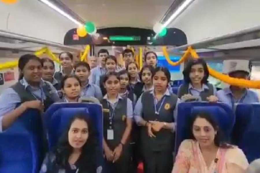 A screenshot from the video shows schoolchildren singing the RSS song inside the Vande Bharat train on Saturday