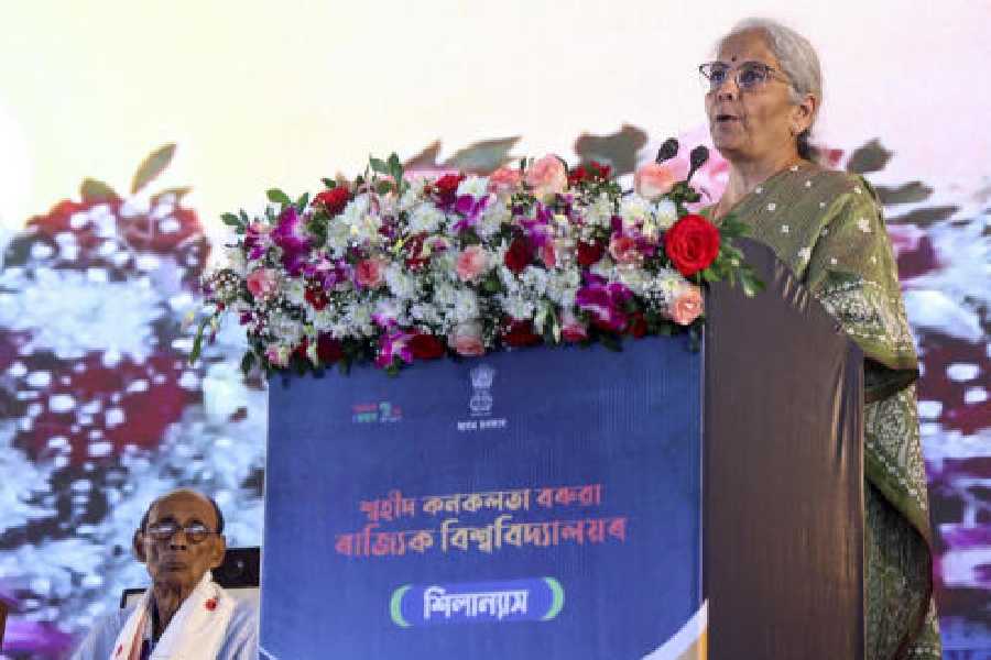 Nirmala Sitharaman speaks at the foundation stone laying ceremony of Swahid Kanaklata Barua State University in Gohpur in Assam on Saturday.