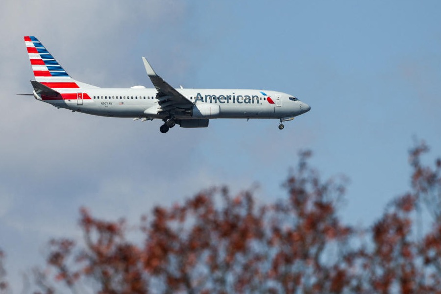 An American Airlines plane arrives at LaGuardia Airport in the Queens borough of New York City, U.S., November 8, 2025.