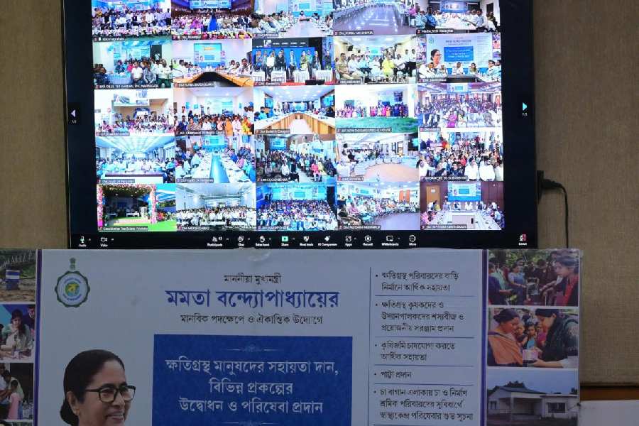 Chief minister Mamata Banerjee’s virtual meeting with officials of 22 districts underway at Uttarkanya on the outskirts of Siliguri on Monday. 