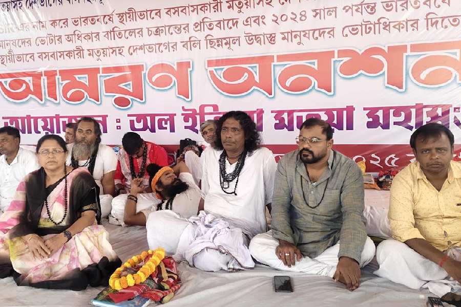 Trinamool’s Rajya Sabha member Mamatabala Thakur with the fasting Matua devotees in Thakurnagar on Monday. 