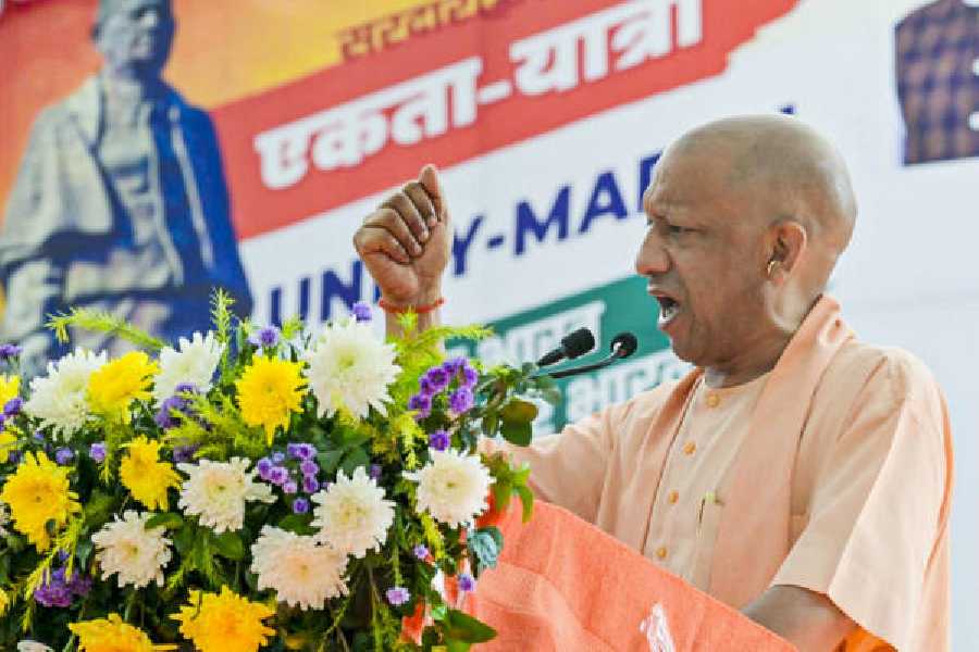 Yogi Adityanath addresses the gathering in Gorakhpur on Monday.