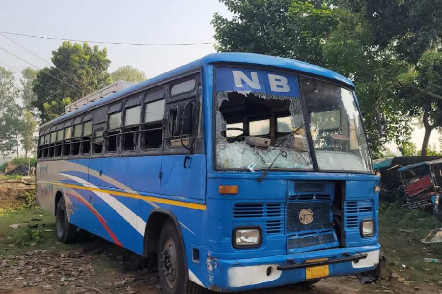 The private bus that was vandalised after it hit three women and tried to drive away in Shitgram, North Dinajpur, on Monday.