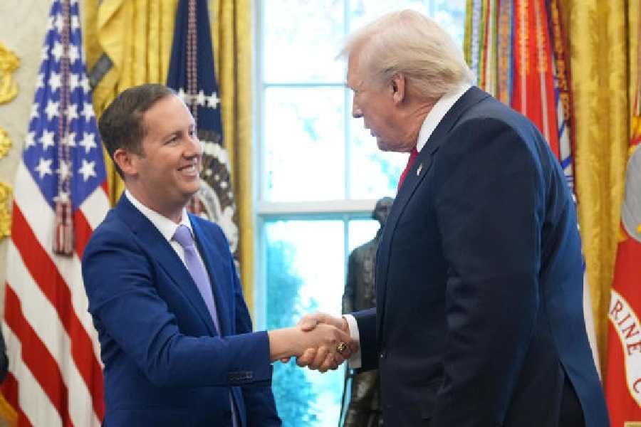 President Donald Trump greets US ambassador-designate to India Sergio Gor at the Oval Office on Monday. 