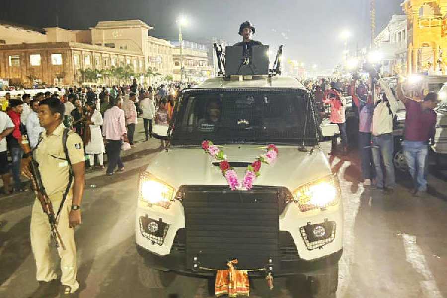 Security personnel patrol near the Jagannath Temple, Puri on Tuesday.