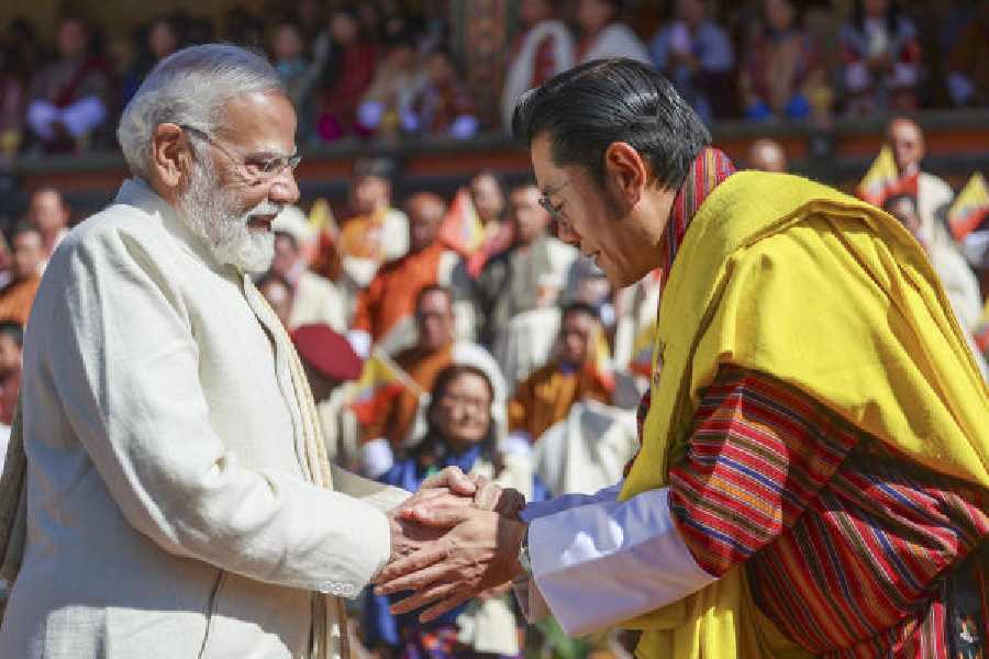 Modi with Bhutan King Jigme Khesar Namgyel Wangchuck in Thimphu, Bhutan, on Tuesday. 