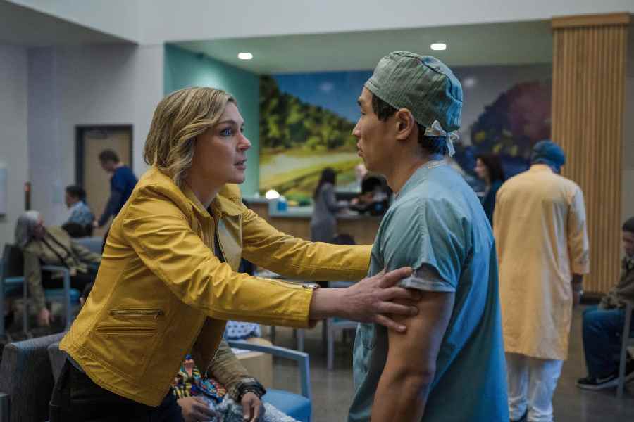 Rhea Seehorn in Pluribus, now streaming on Apple TV+.