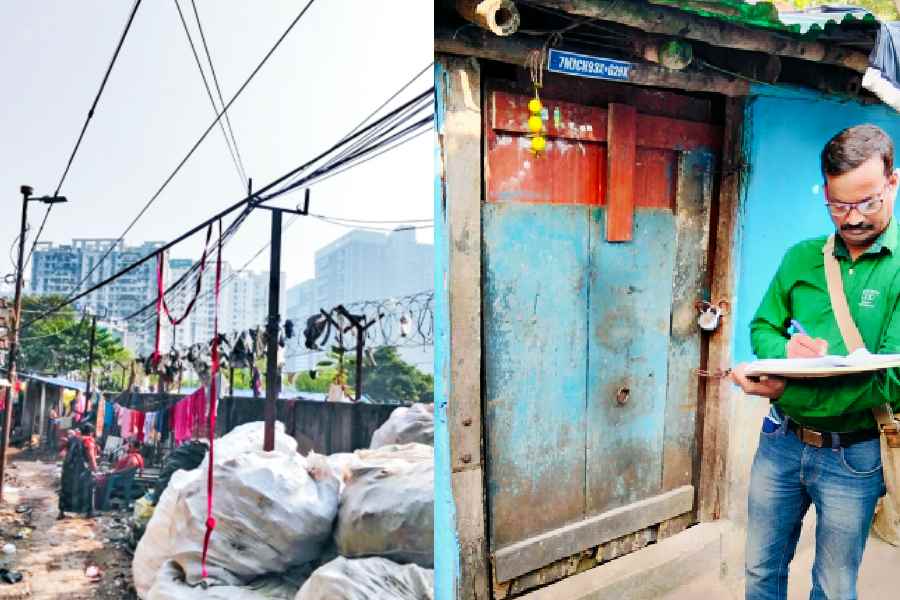 A pocket of Dhapa Dhipi with JW Marriott and a high-rise as the backdrop; (right) Kabir Kumar Ghosh, a BLO, in Dhapa Dhipi on Wednesday.