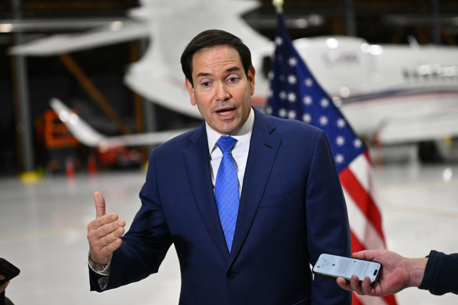 U.S. Secretary of State Marco Rubio speaks to traveling journalists at the John C. Munro Hamilton International Airport in Hamilton, Ontario, Canada, on Nov. 12, 2025 after the G7 foreign ministers meeting.