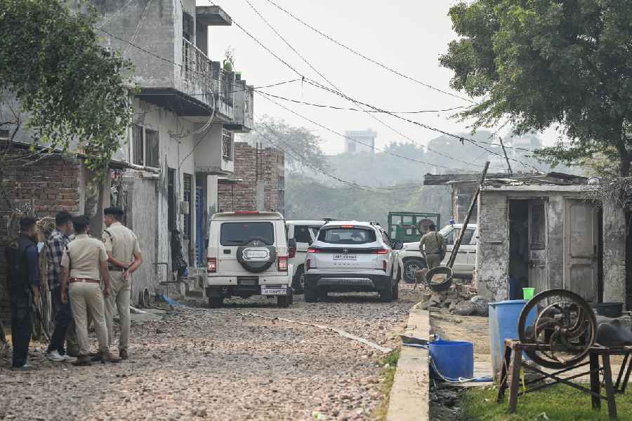 Faridabad: Police officials during a search and cordon operation linked to an interstate and transnational terror module, at Fatehpur Taga village