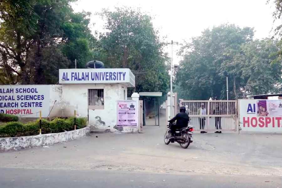 The entrance to Al Falah University on Wednesday.