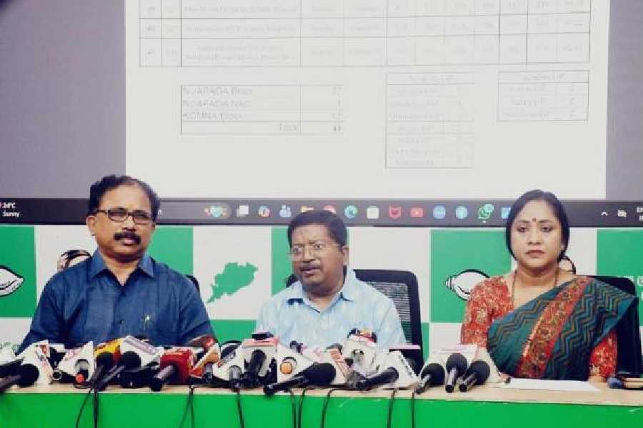 BJD leader Atanu Sabyasachi Nayak addresses a media conference on Thursday