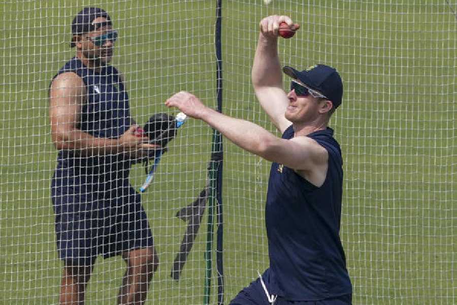 South Africa’s Simon Harmer trains at Eden Gardens ahead of the first Test beginning on Friday.
