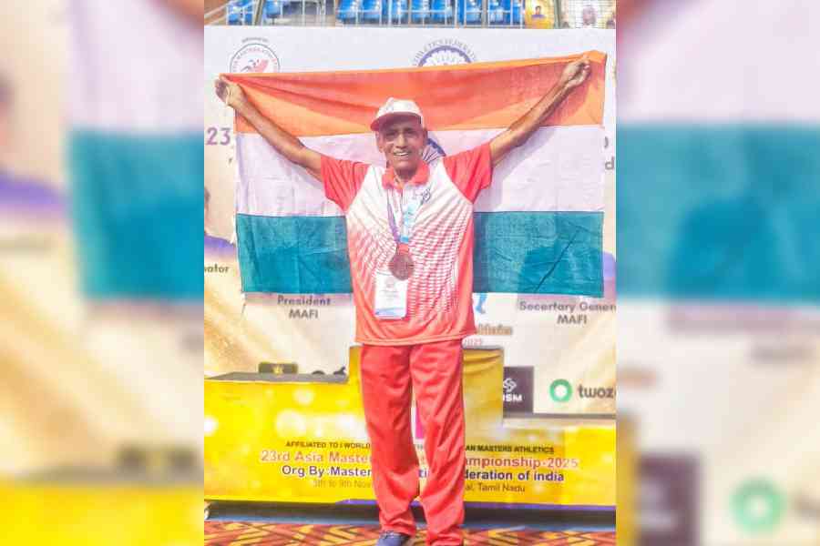 Alipurduar resident Amulya Nath, 81, after winning bronze in pole vault on November 9 at the 23rd Asia Masters Athletics Championships 2025 held in Chennai