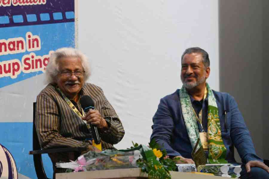 Adoor Gopalakrishnan (left) with Anup Singh at Sisir Mancha for the first Ritwik Ghatak Memorial Conversation at the Kolkata International Film Festival on Wednesday. Picture by B Halder