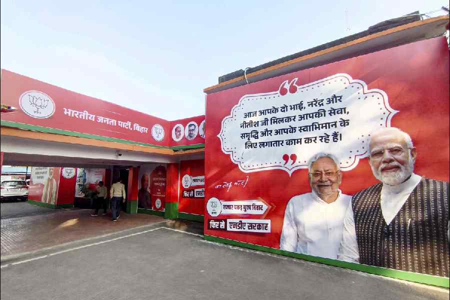 A view of the BJP state office decked up with banners on the eve of counting of votes for Bihar Assembly elections, in Patna, Thursday, Nov. 13, 2025.
