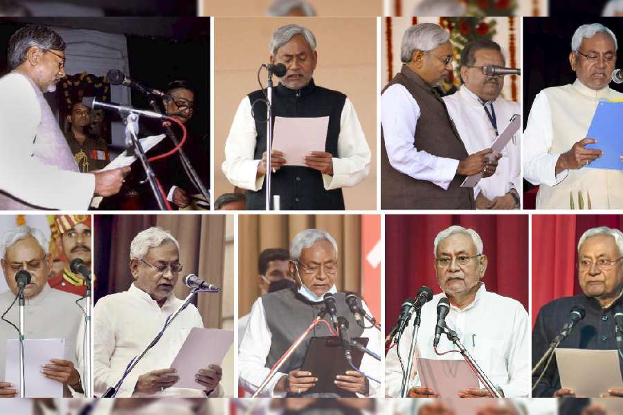 A combo image shows Nitish Kumar taking oath as Bihar Chief Minister for the past nine terms.