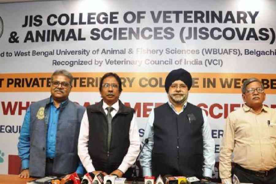 (From left) Promit K Ghosal, project coordinator, JIS College of Veterinary and Animal Sciences; Mozammel Hoque, principal, JISCOVAS; Sardar Taranjit Singh, managing director, JIS Group; and Bidyut Majumder, deputy director, business development, JIS Group, at the launch            of the institute on Friday 