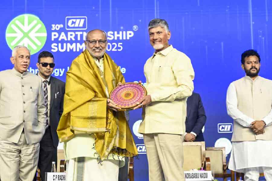 Vice-president C.P. Radhakrishnan with Andhra Pradesh chief minister N Chandrababu Naidu in Visakhapatnam on Friday.